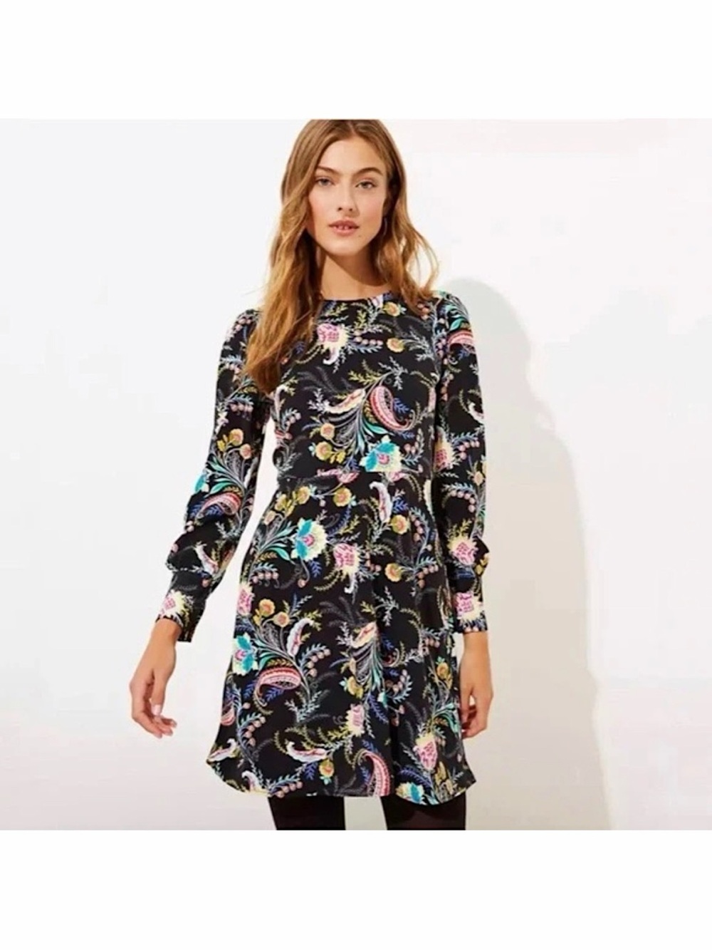 Loft Black Multicolor Paisley/Floral Long Sleeve Fit and Flare Dress